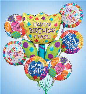 Birthday Tulip Mylar Bundle - Product ID: 950045  If tulips are symbolic of fame, then our titanic tulip-shaped Mylar birthday balloon is perfect for celebrating the one day of the year they become a celebrity for sure! paired with a festive bundle of assorted Happy Birthday balloons, it'll make them feel like a star long after the celebration ends. Large includes 6 assorted balloons. Small includes 4 assorted balloons. Balloon designs may vary due to local availability