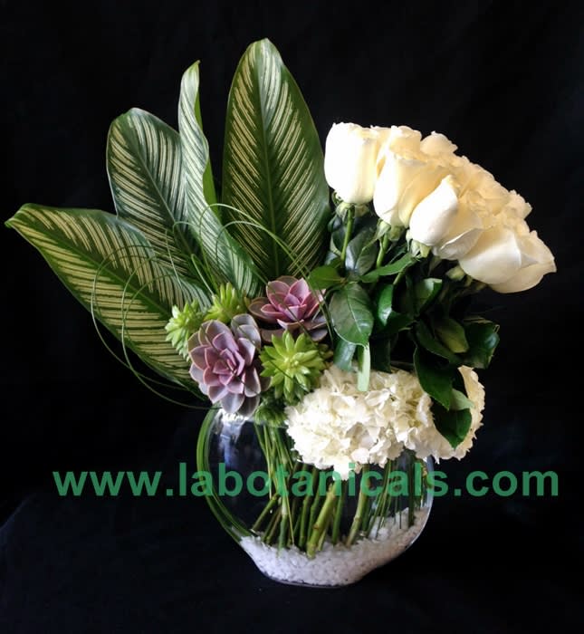 White roses and hydrangeas in a glass vase with striped leaves and succulents