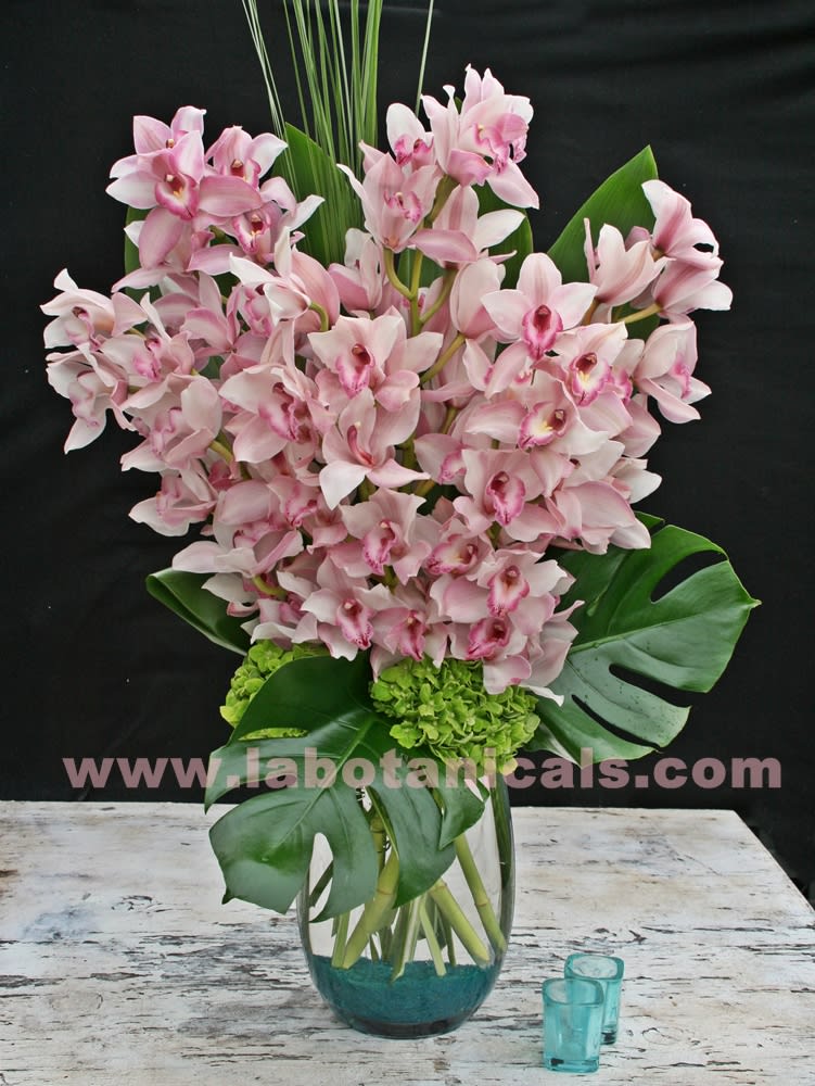 Pink orchid arrangement in a glass vase with large tropical leaves