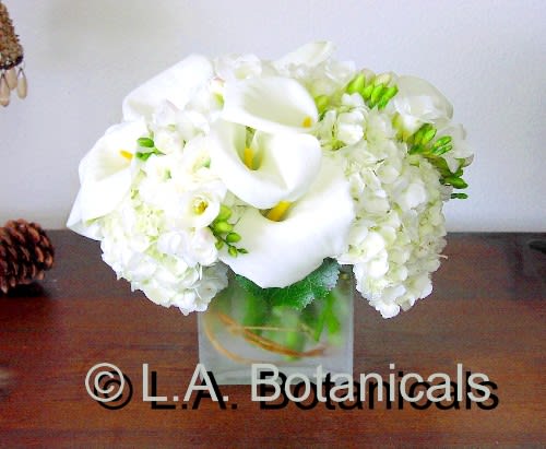 White calla lilies and hydrangeas in a square glass vase