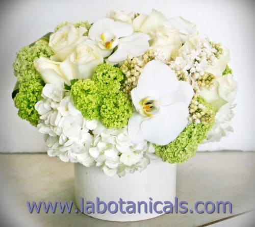 White roses and orchids in a white vase with bright green blooms