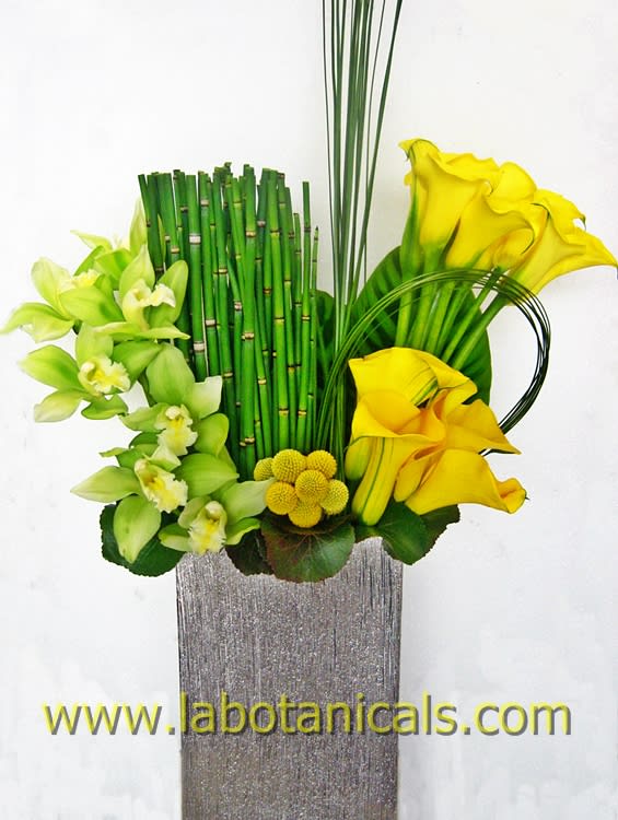 Yellow calla lilies and green orchids in a tall vase arrangement