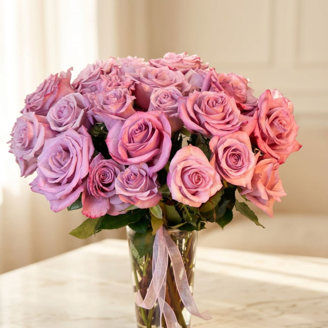 Pink and lavender roses in a clear glass vase with a ribbon
