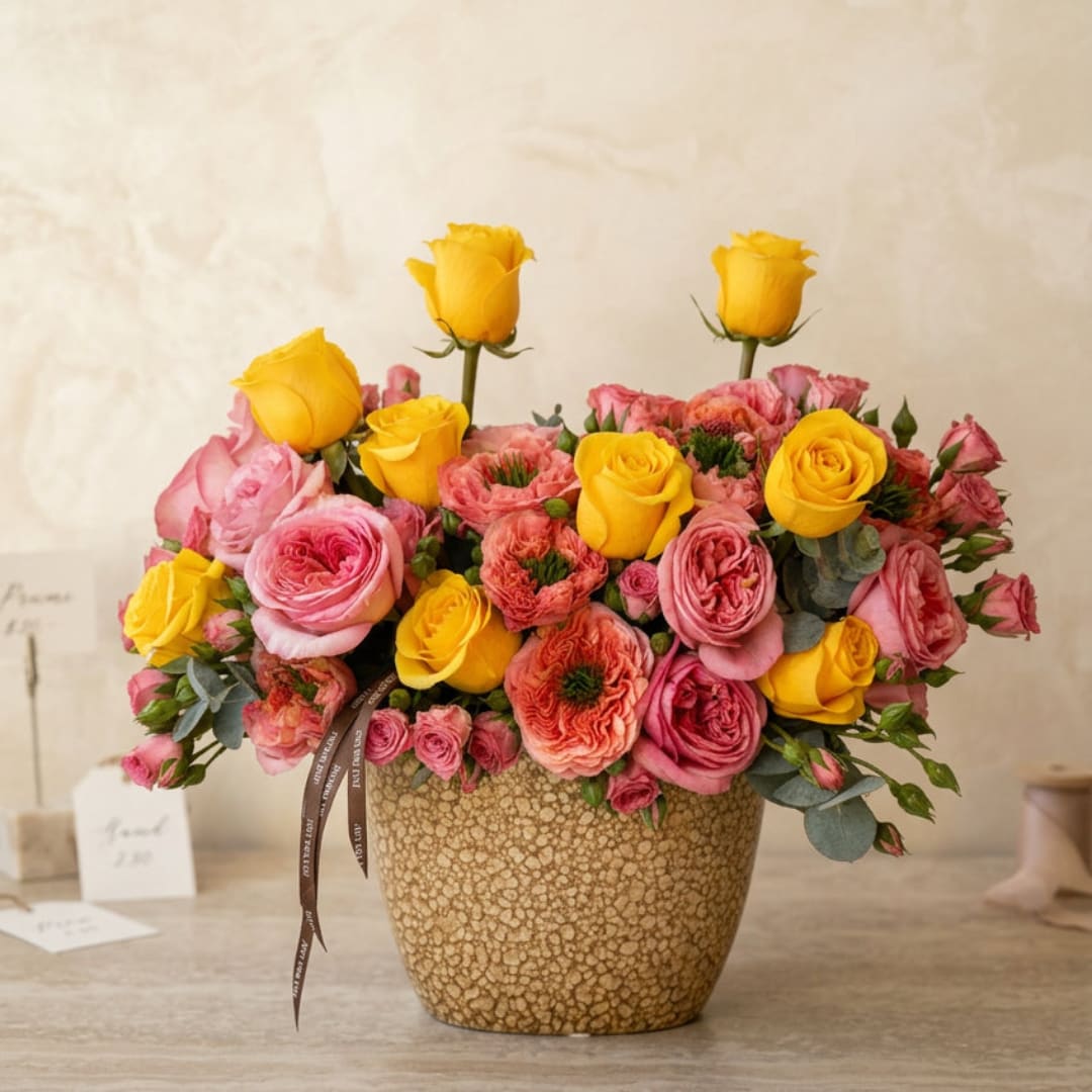 Pink and yellow rose arrangement in a textured vase