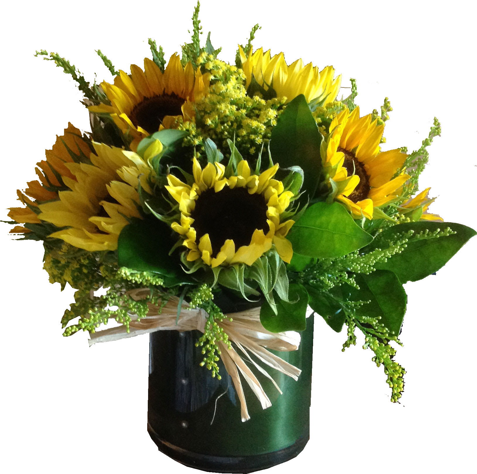 Sunflower bouquet in a dark vase with a raffia bow