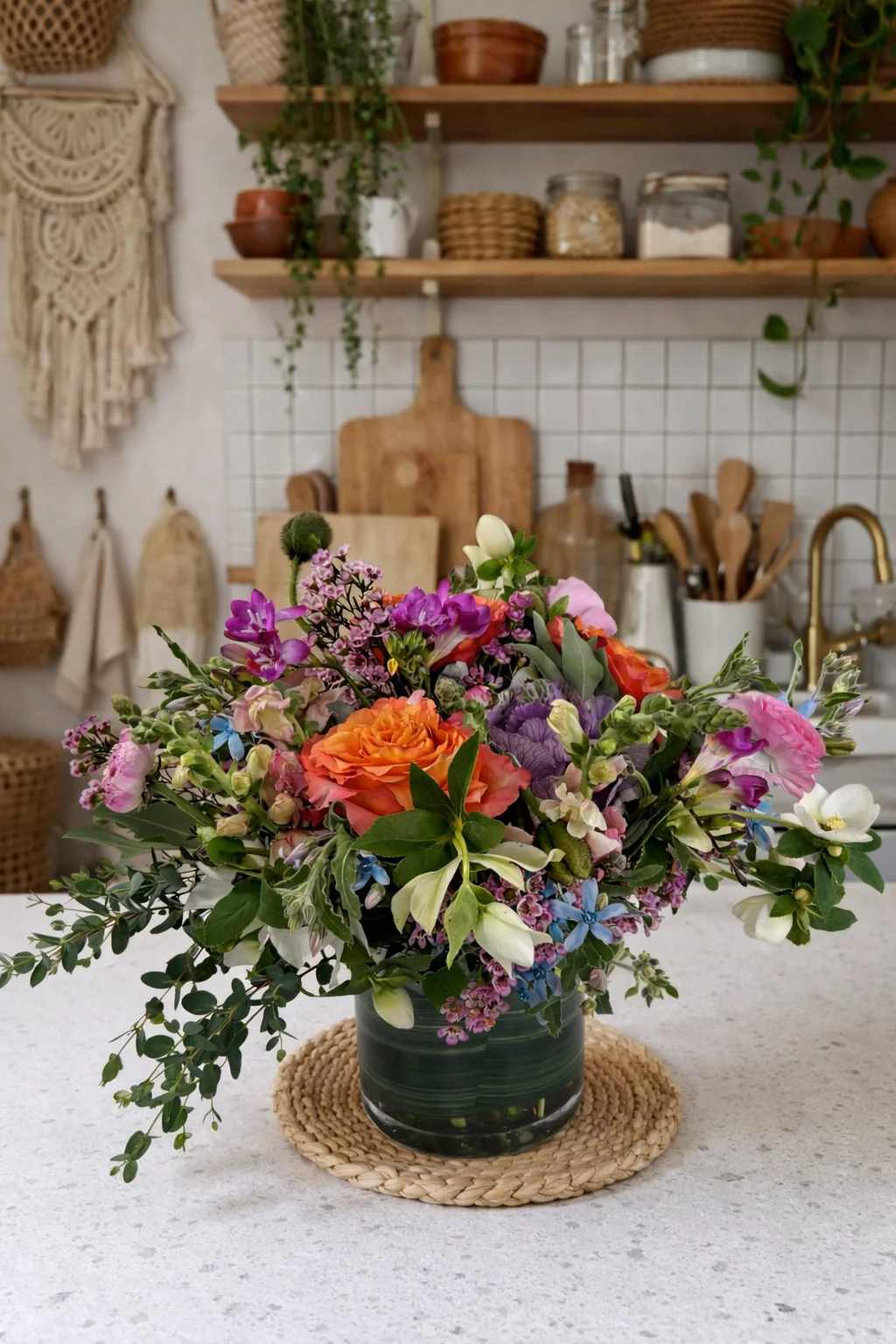 Mixed bouquet of orange, pink, purple, and white flowers in a glass vase