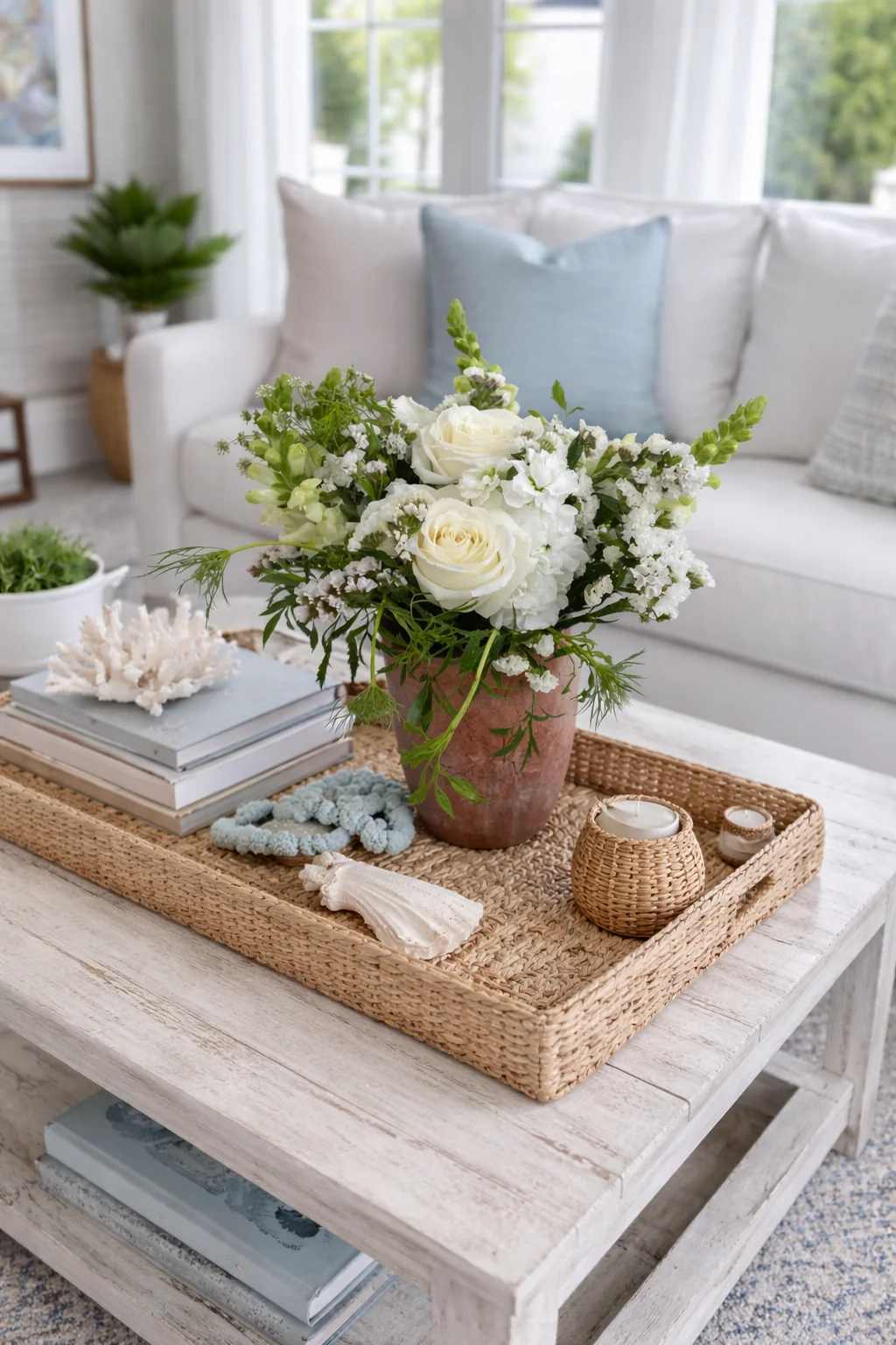 White rose arrangement in a rustic vase on a woven tray