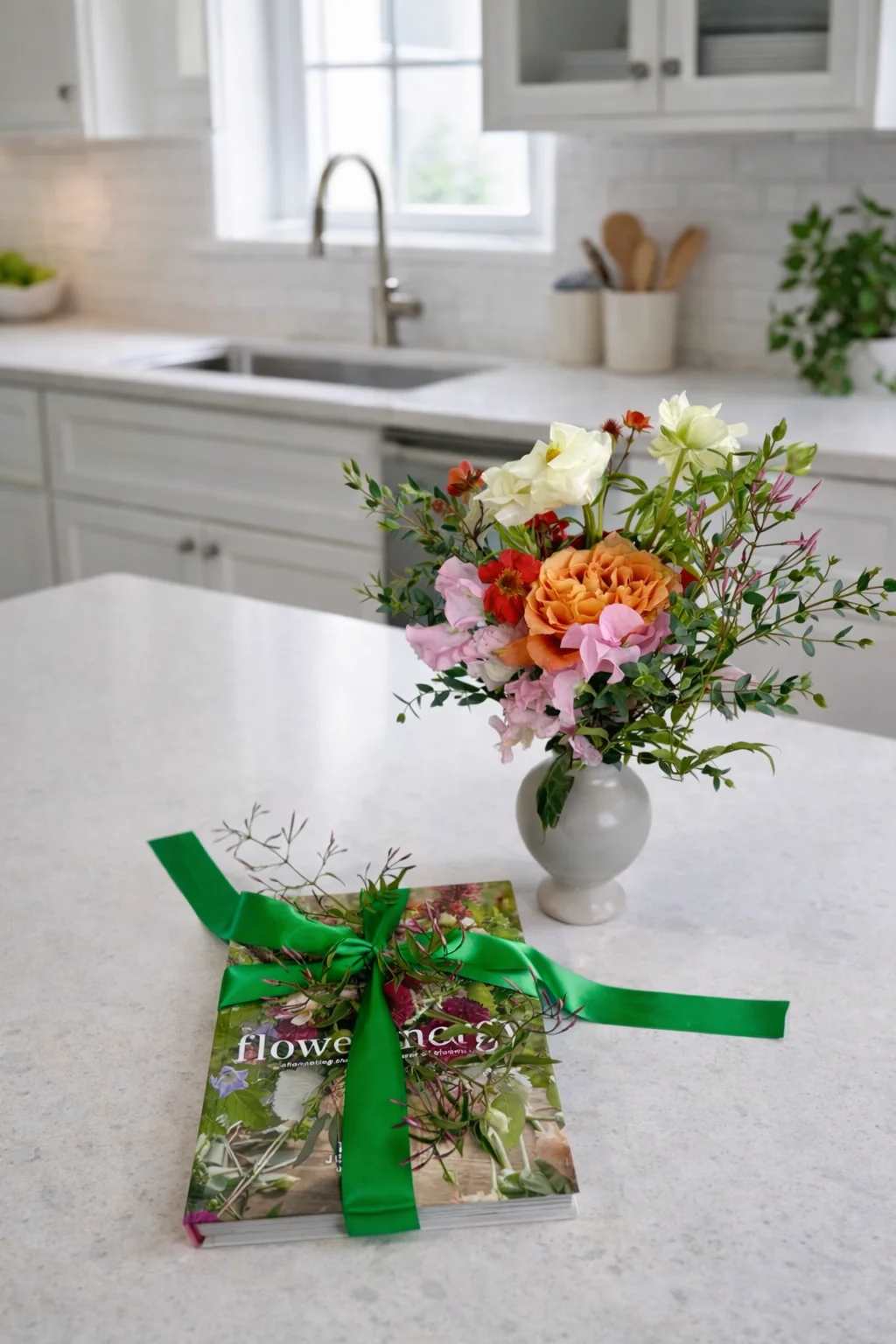 Small mixed flower arrangement in a white vase beside a ribbon-tied book