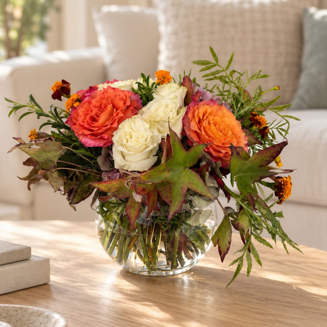 Mixed roses in a clear glass vase on a table