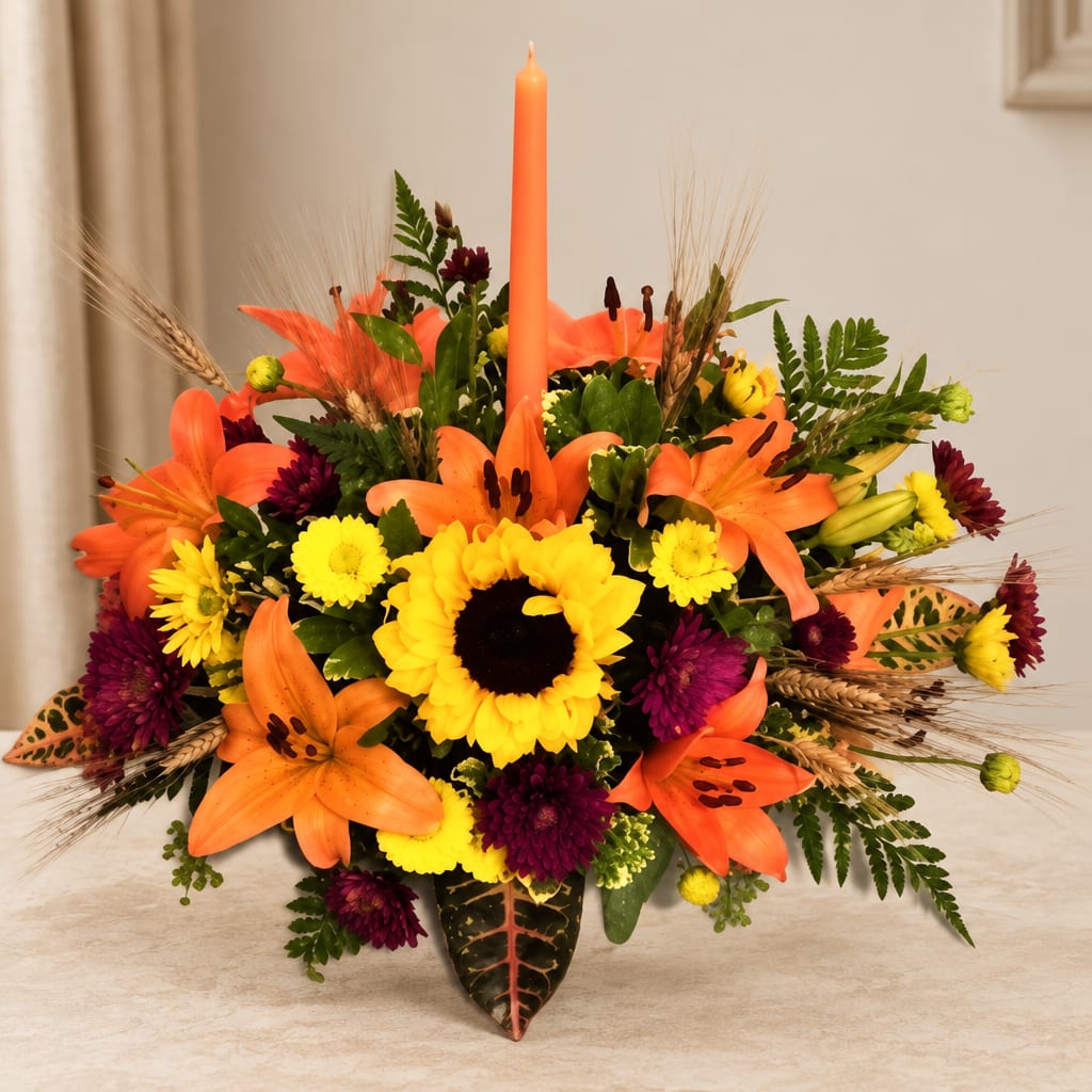 Orange lilies and yellow sunflowers arranged in a vase with a tall orange candle