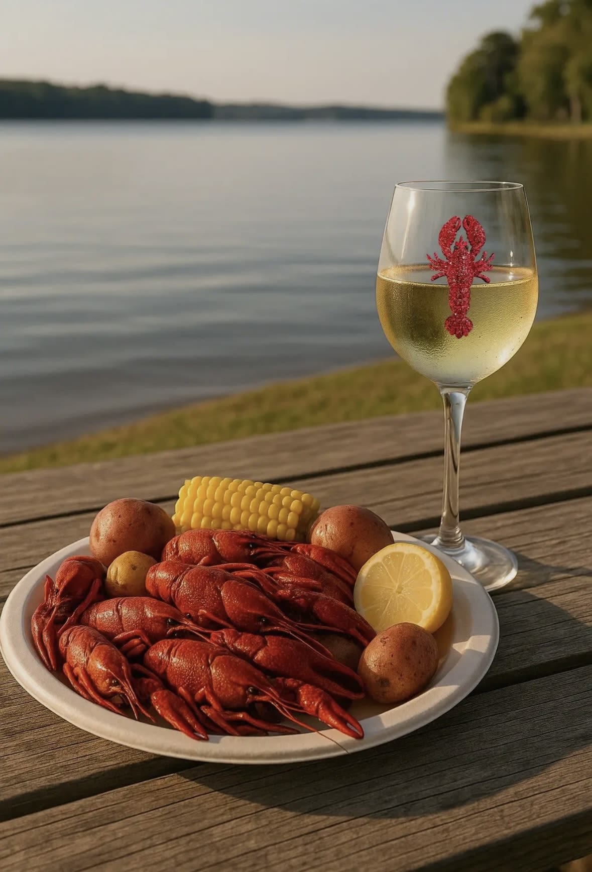 Plate of crawfish with corn and potatoes beside a wine glass by the water