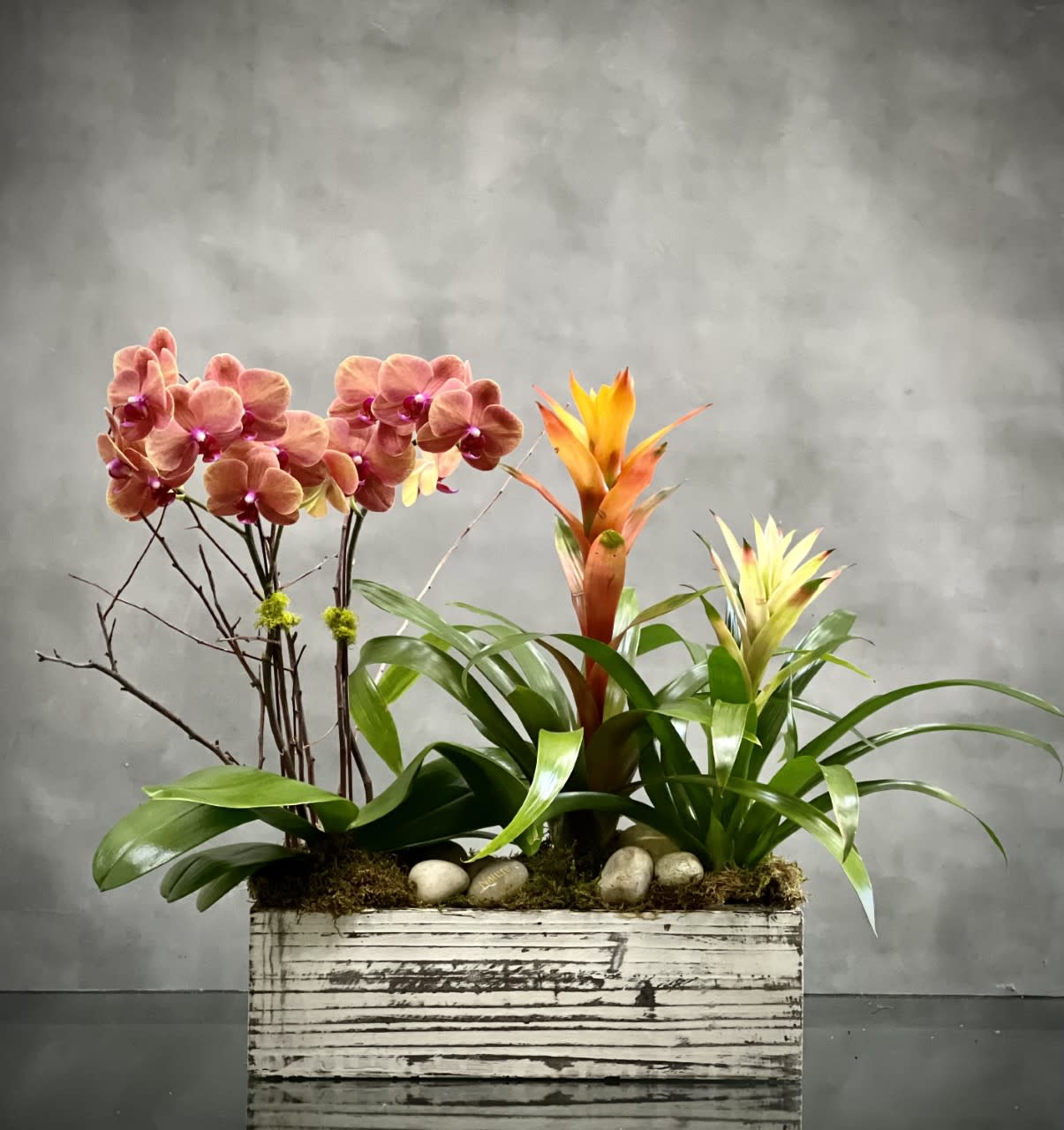 Tropical Punch - A superb design in so many ways.... This unique floral piece is a stunning mix of mini orchids and bromelia plants in a wooden box filled with rocks. a "nature" engraved rock is included with the arrangement.  Approx: 12 H x 21" W . Please pick the wording you like for the arrangement and let us know under florist note.  Rock choices: Nature Happiness Strength Focus Health Family Gratitude Joy Relax Faith Freedom Laugh Friends Peace Wisdom Trust  