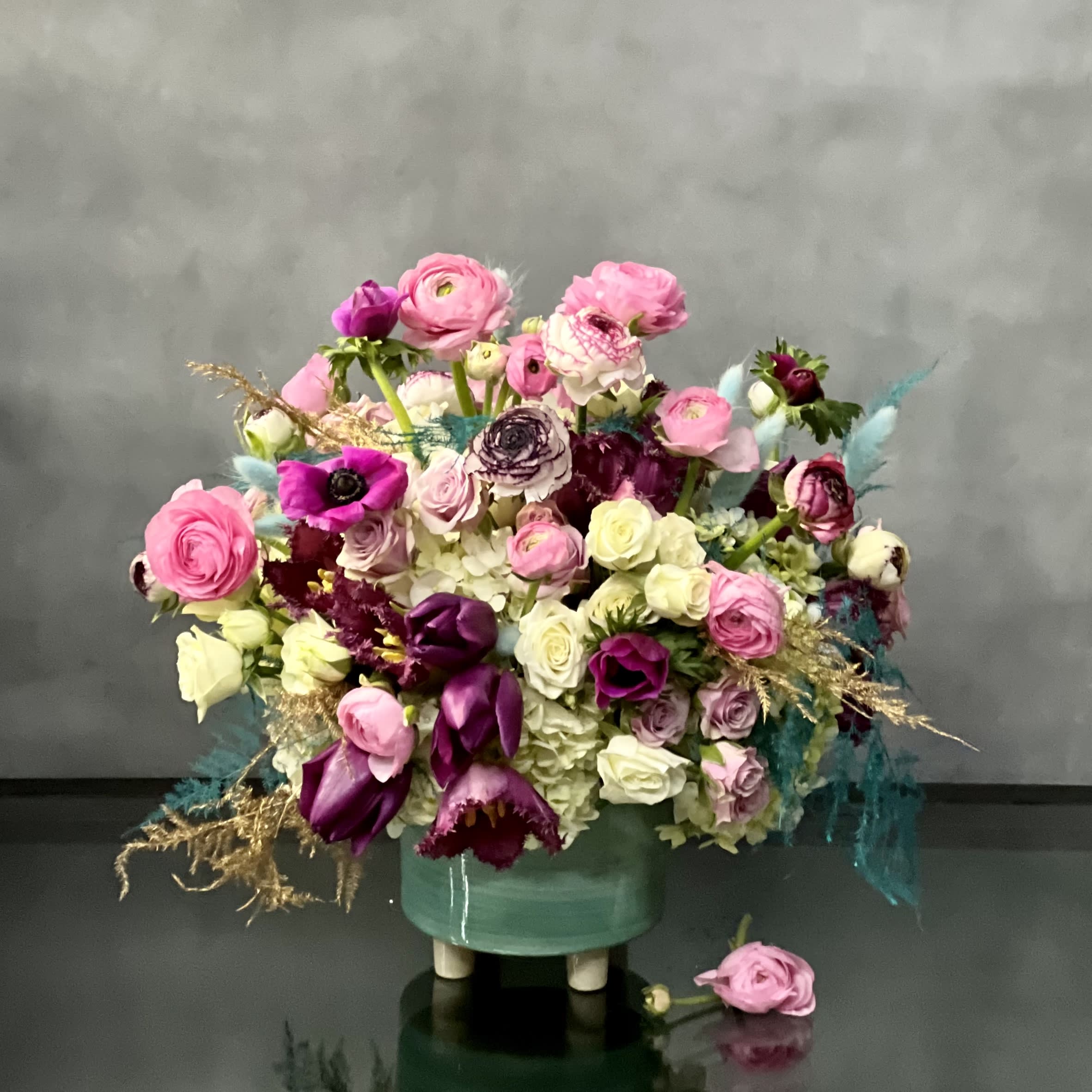 Spring Roses and Rananculus - A Verity of Roses , Rananculus in a Turquoise Ceramic Vase. Perfect Gift for any happy Occasion. 