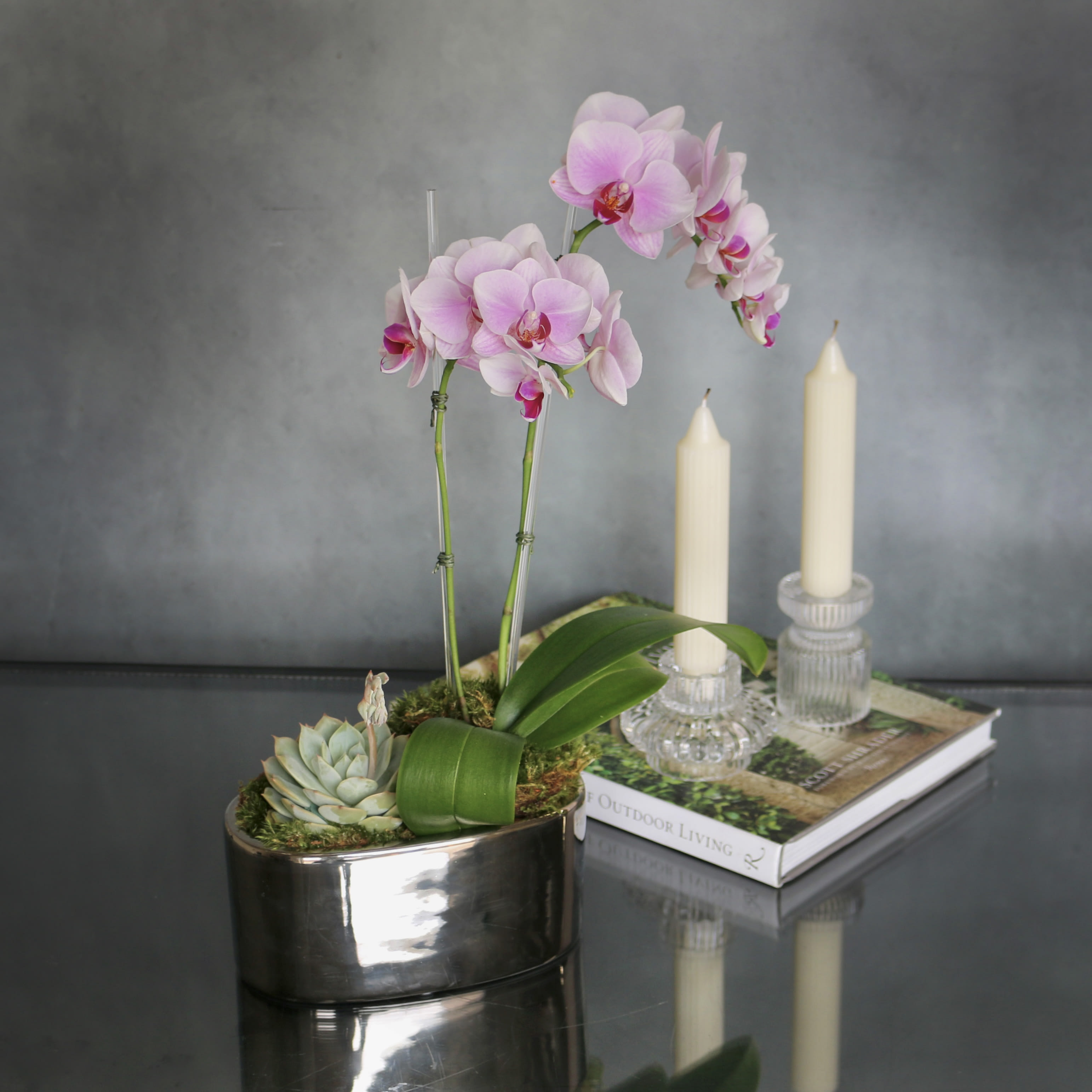 Silver and Pink  - A simple pink mini Orchid arranged within a silver mini vase. Accented with a singular succulent. A pretty touch for an office space or a simple thank you or just because! 
