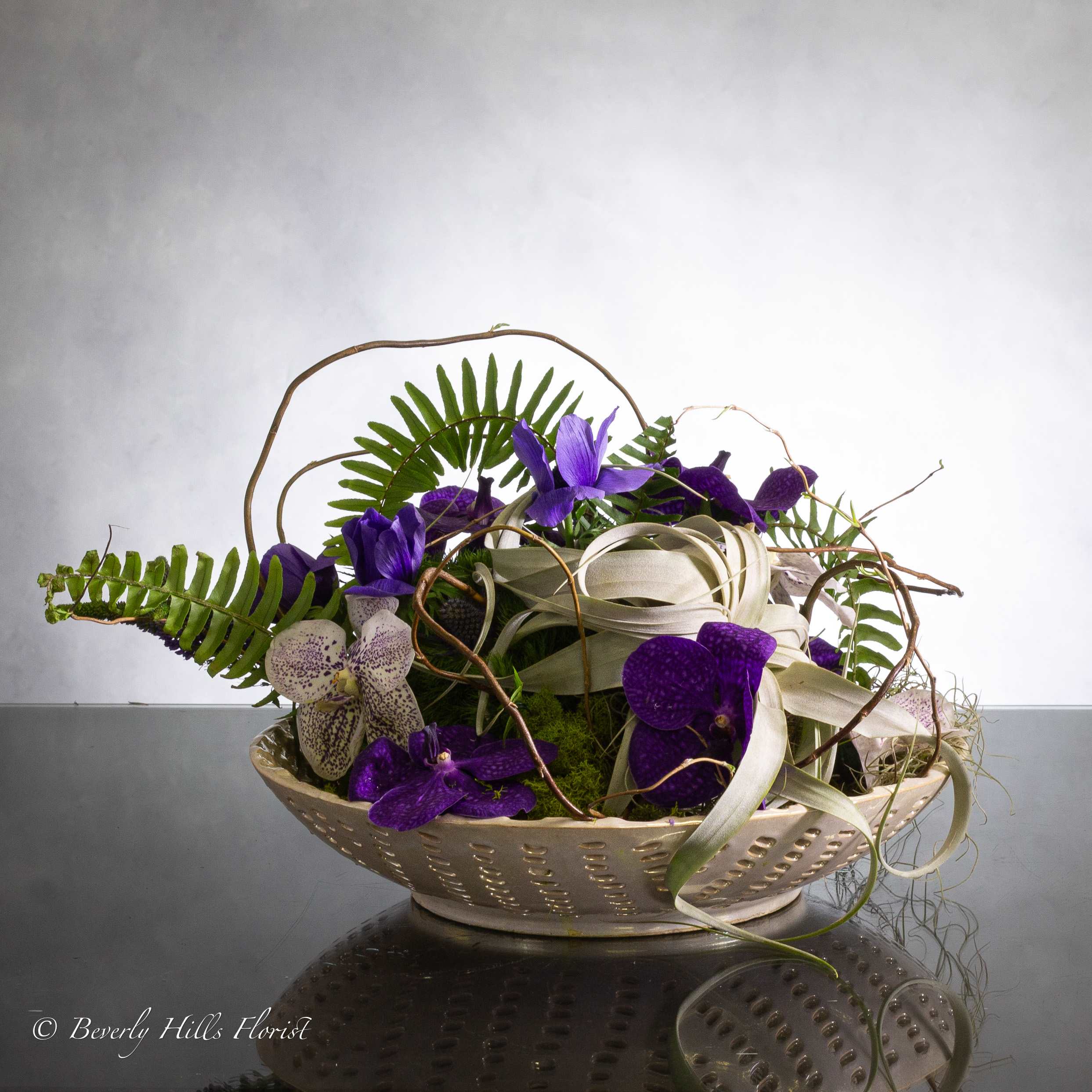 Purple Beauty - This contemporary display featuring unique air plant coupled with vibrant purple vanda orchids and moss. This arrangement is perfect for adding a touch of modernity to any space. 