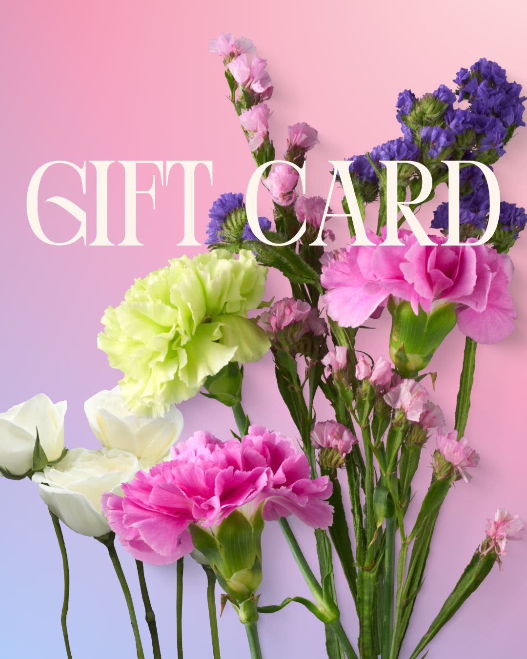 Floral-themed gift card design with pink, white, and green flowers on a pastel gradient background