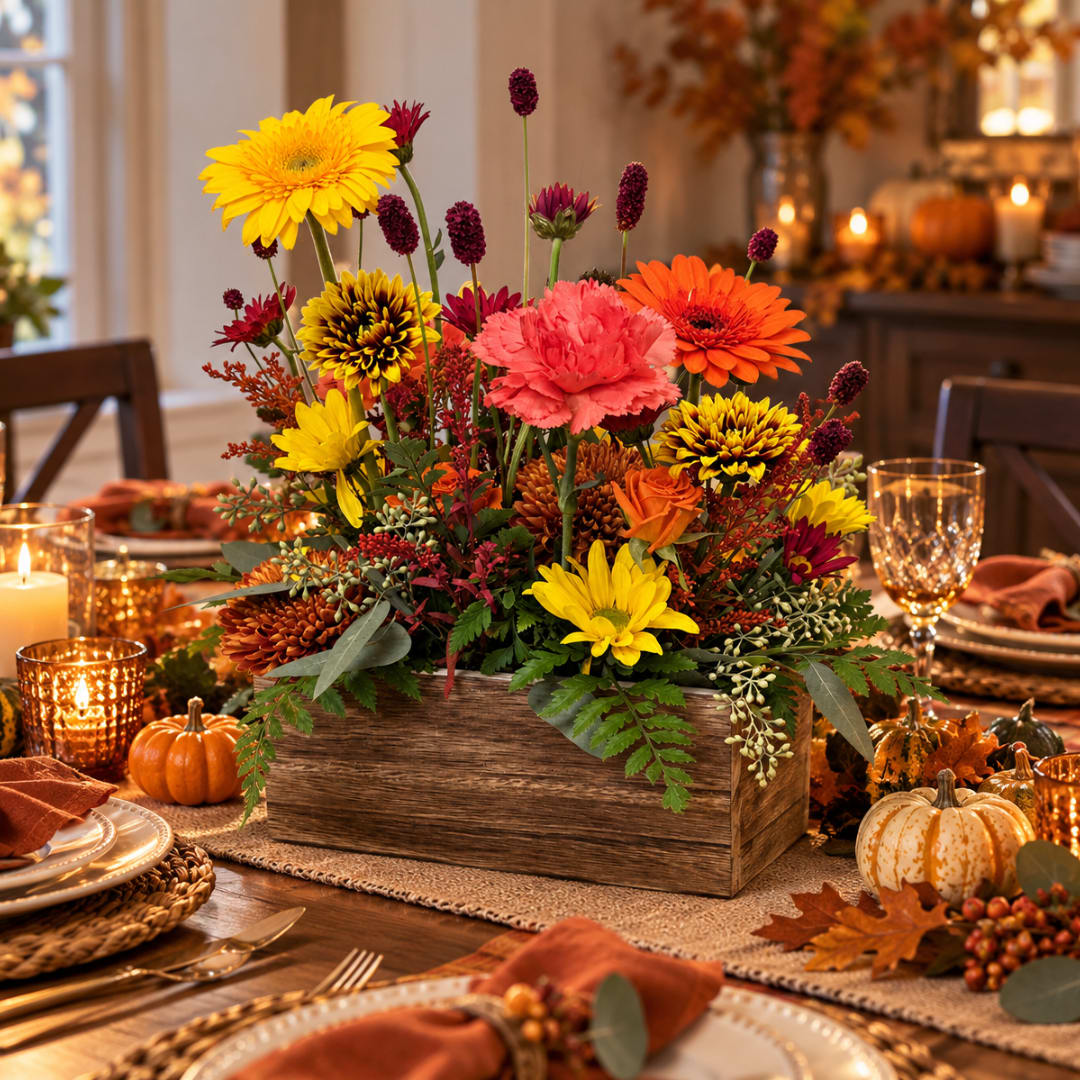Colorful fall flower arrangement in a wooden box centerpiece on a dining table