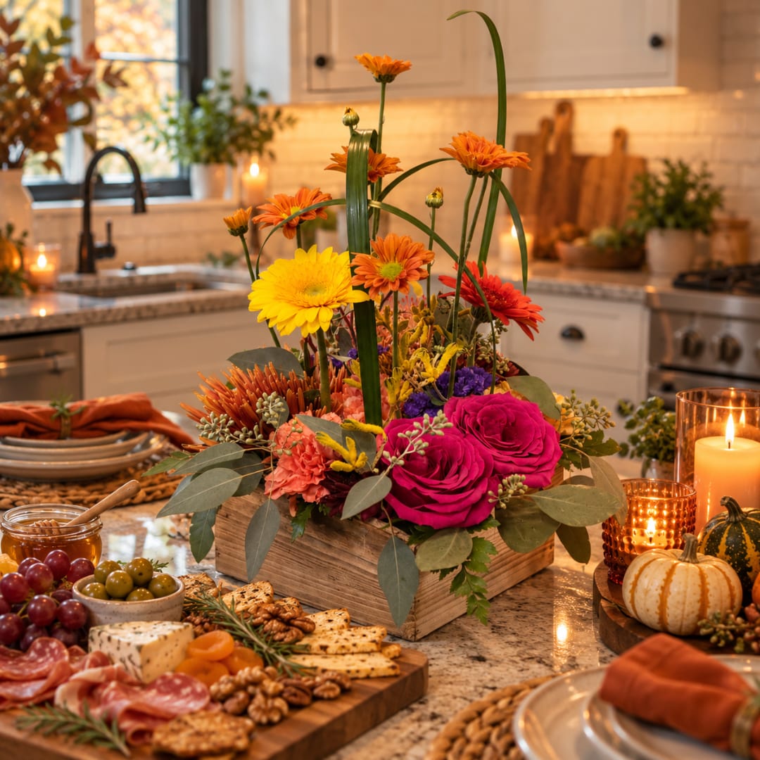 Mixed floral centerpiece in a wooden box with bright roses and daisies