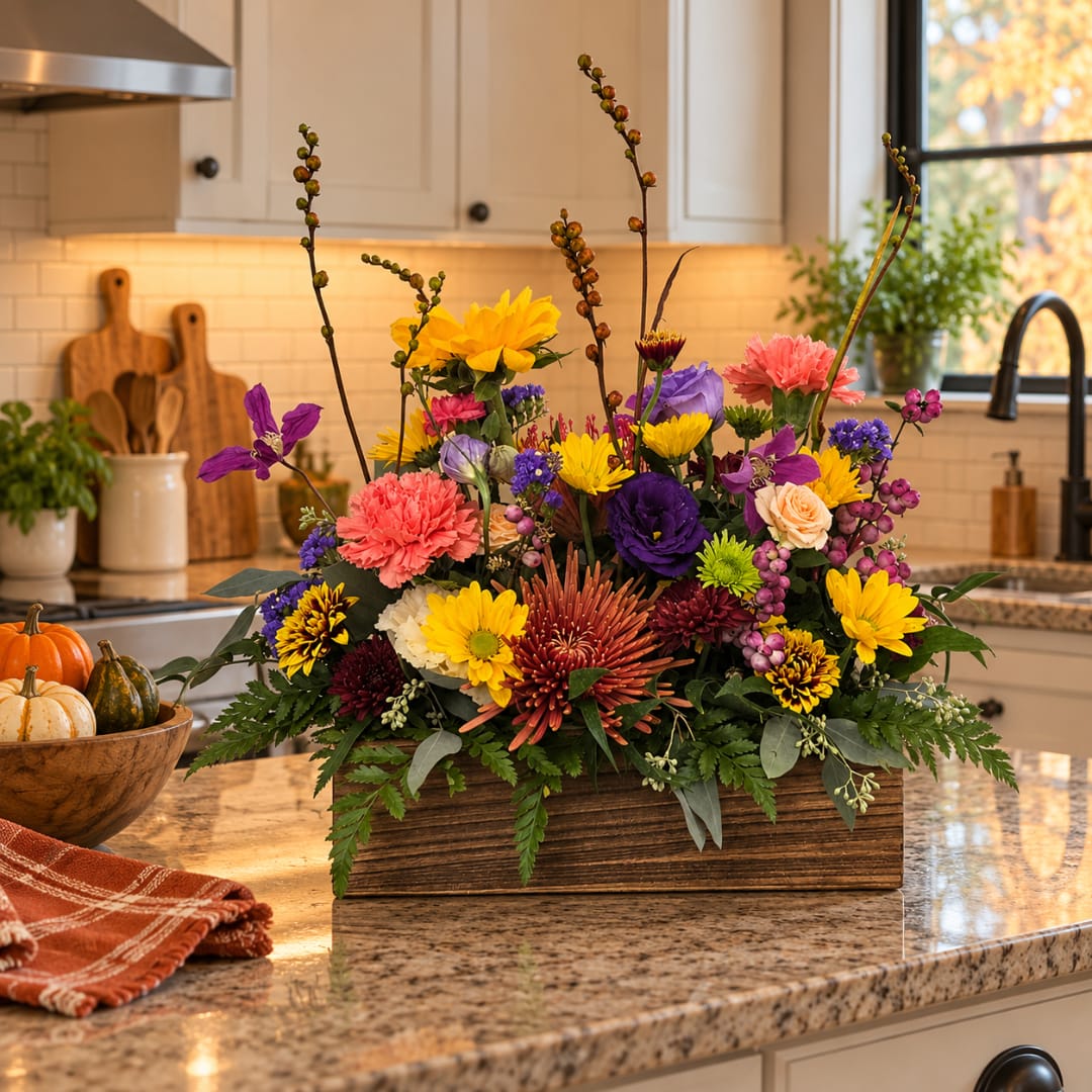Mixed autumn bouquet in a wooden box with yellow, purple, pink, and orange flowers