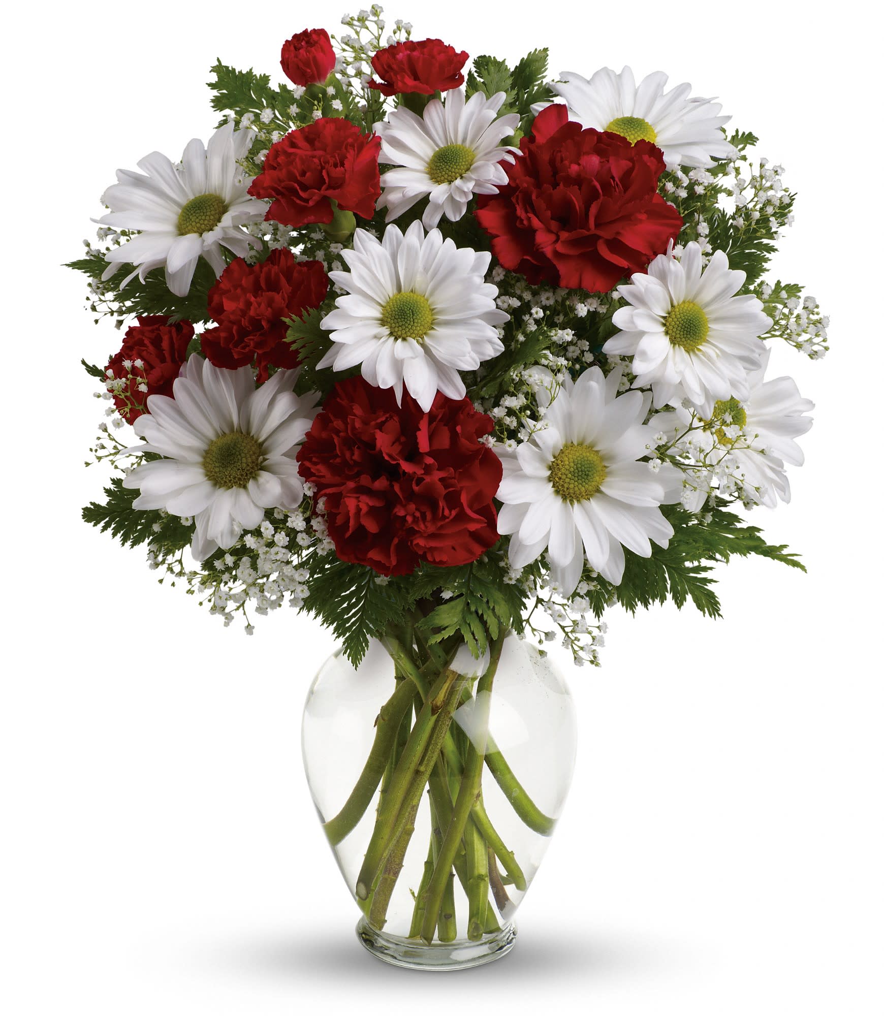 Red carnations and white daisies in a clear glass vase