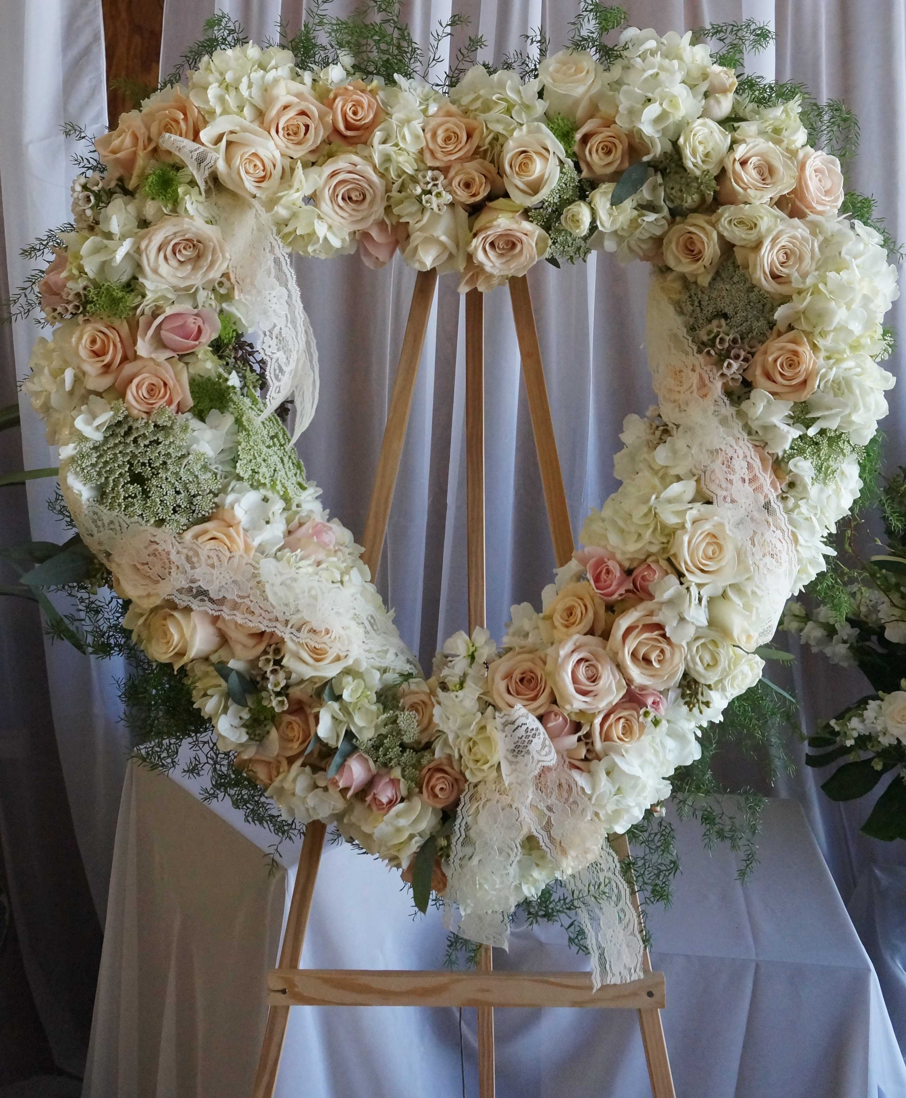 Heartfelt Peace Heart Wreath - Open Heart Wreath (24") with Pale Lavender and White Roses, Queens Lace, and Greens