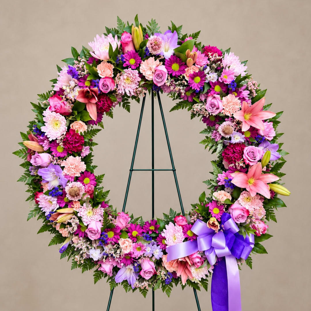 Large floral wreath with pink, purple, and peach blooms on a stand