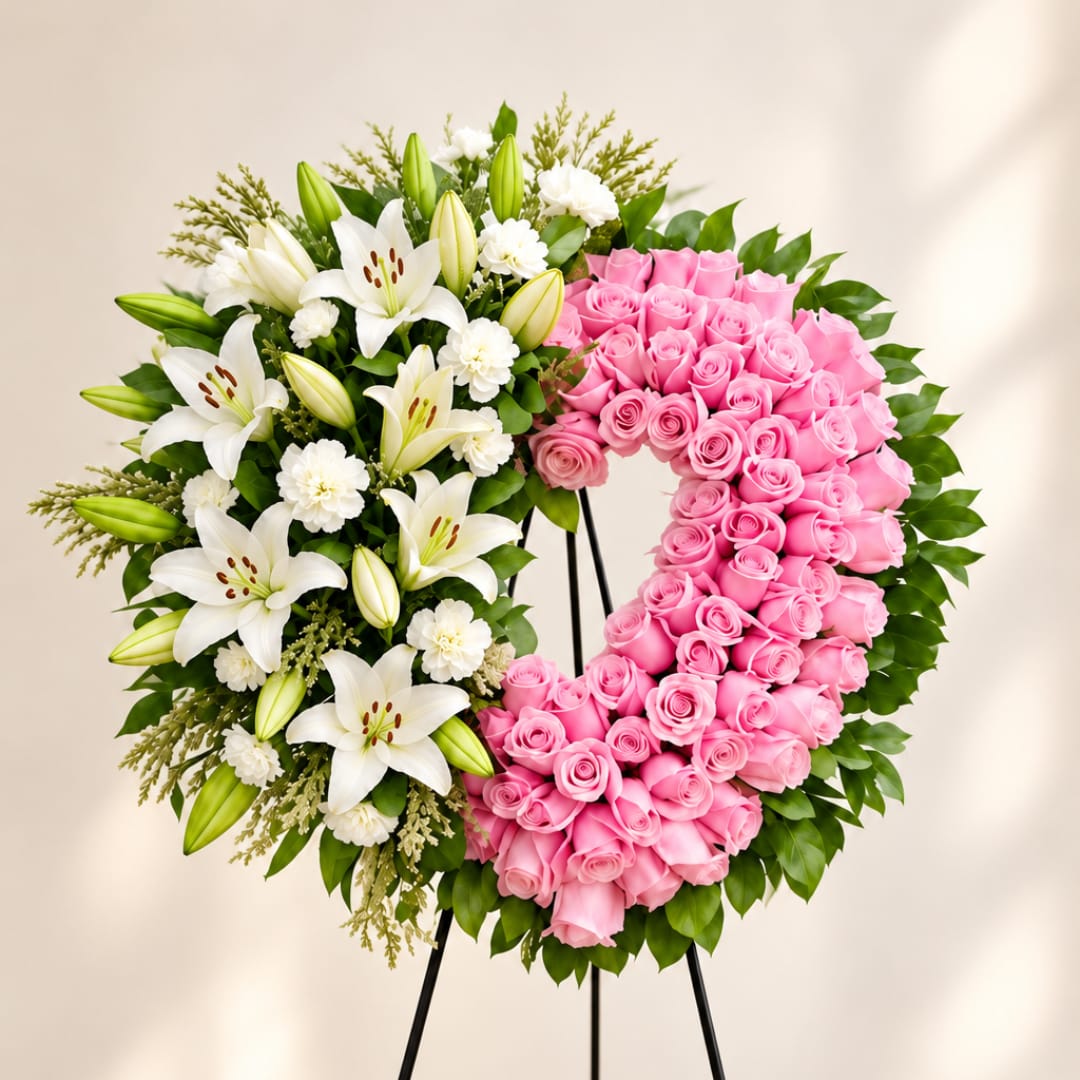 Heart-shaped floral wreath with pink roses and white lilies on a stand