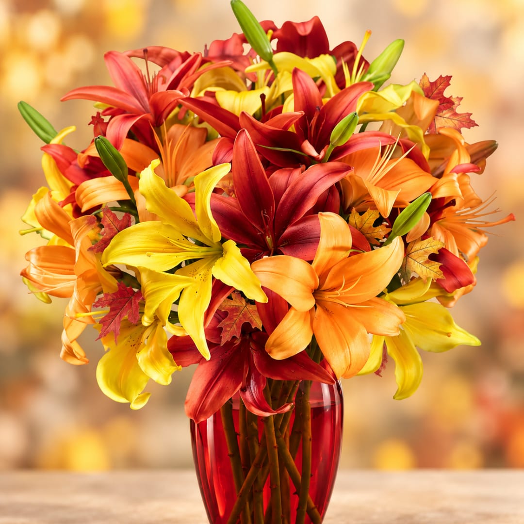 Bouquet of red, orange, and yellow lilies in a red glass vase