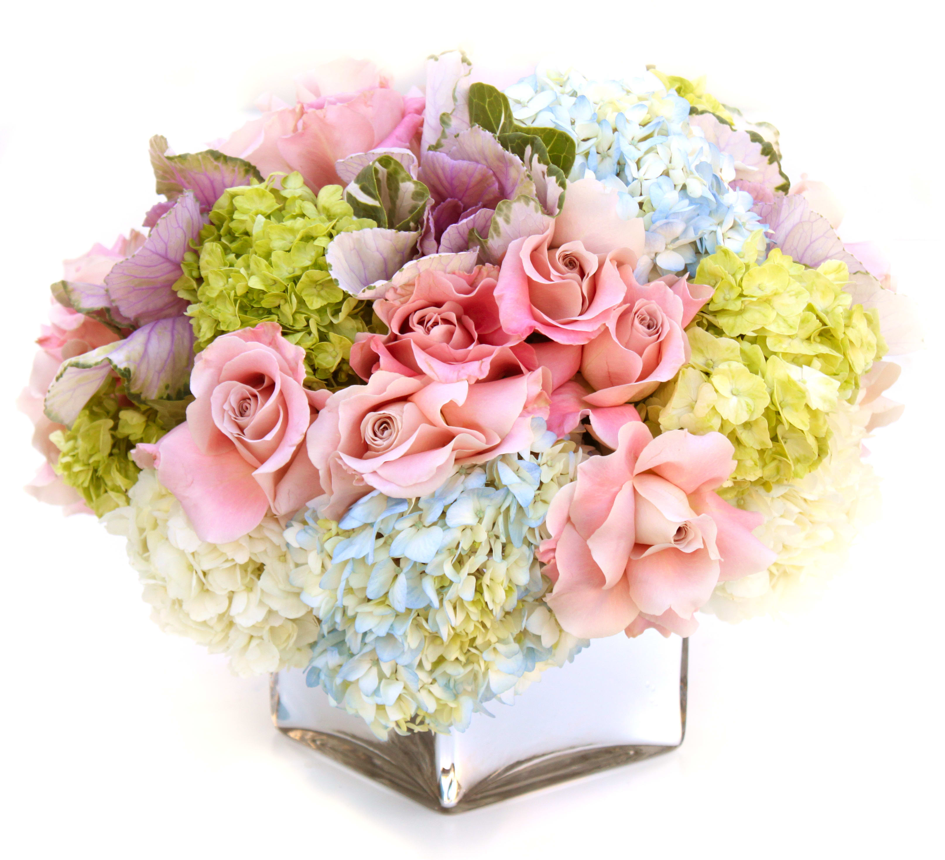 ADORE - A gorgeous arrangement of blue and white hydrangeas and pink roses.