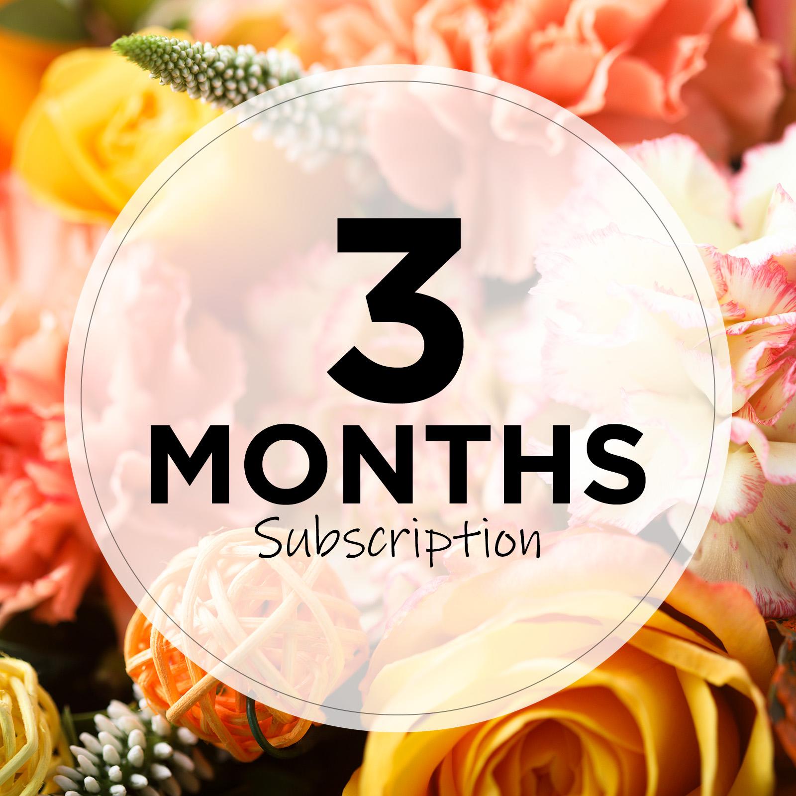 Floral subscription graphic with mixed roses and carnations behind a "3 months" label