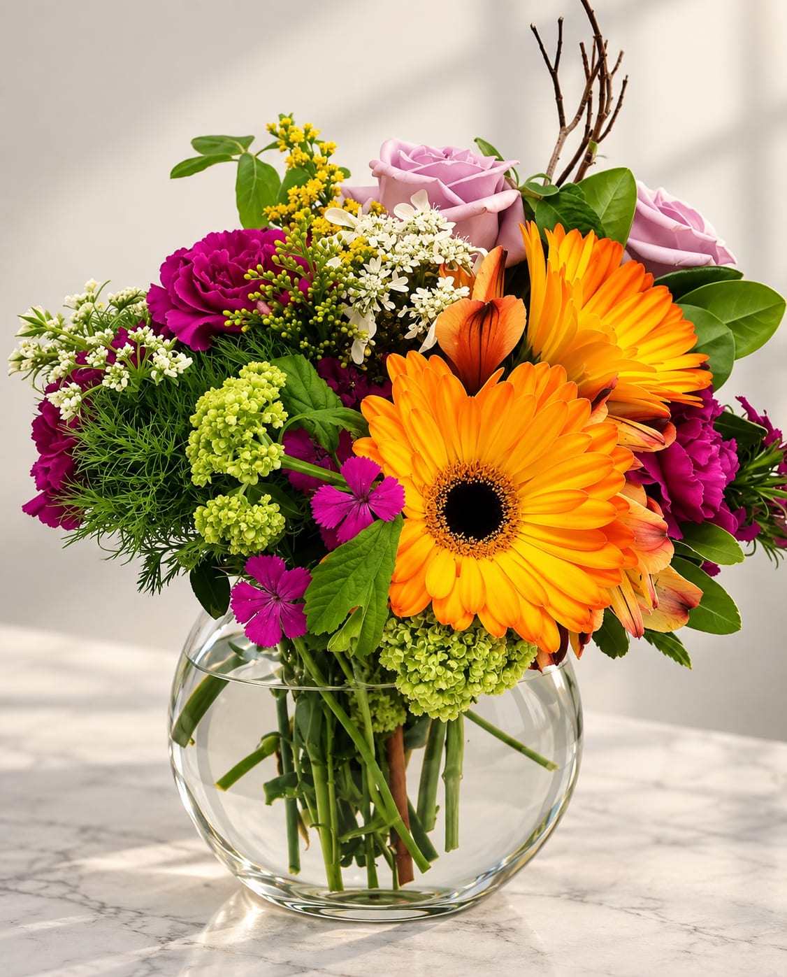 Mixed bouquet with orange gerbera daisies and pink roses in a glass vase