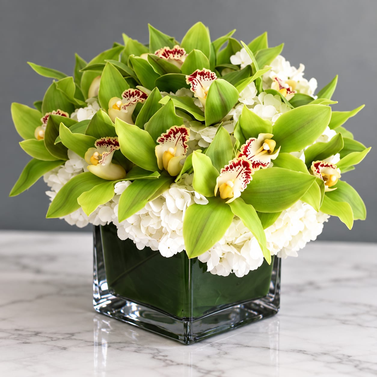 Green orchid and white hydrangea arrangement in a square glass vase