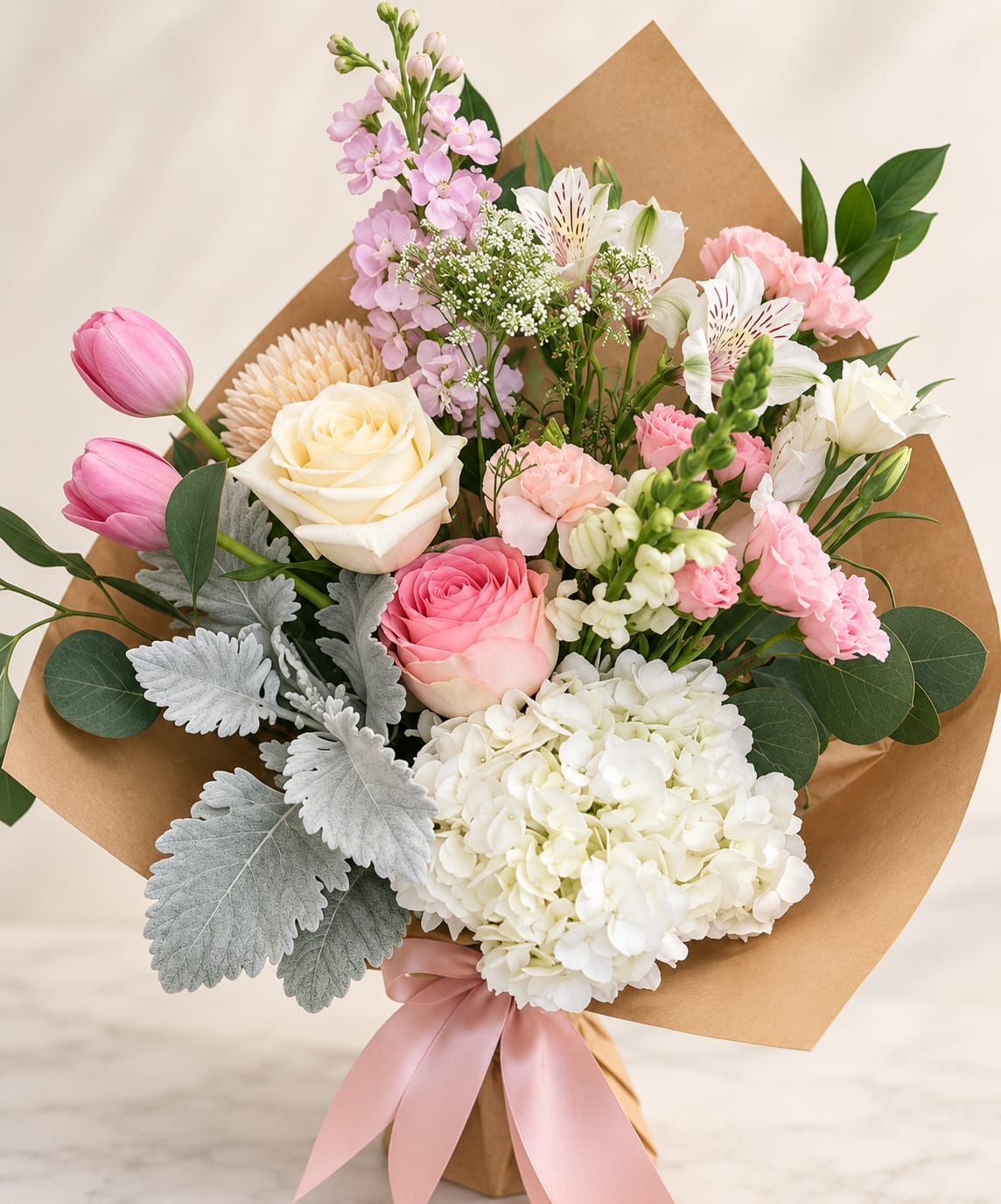 Pink and white mixed bouquet wrapped in brown paper with a pink ribbon