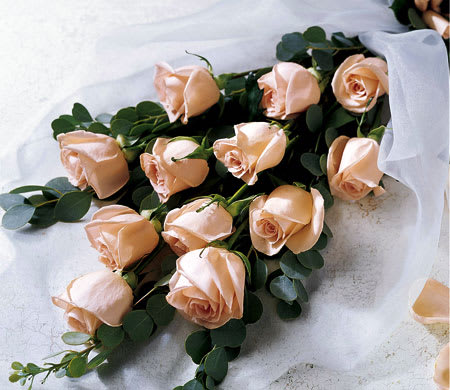 Peach roses arranged with eucalyptus on white fabric