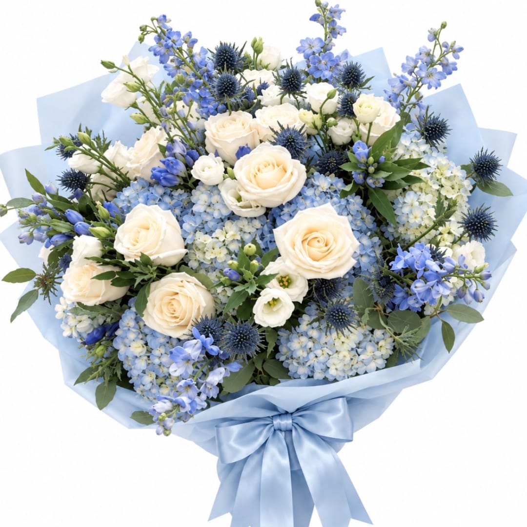 Bouquet of white roses and blue flowers wrapped in pale blue paper