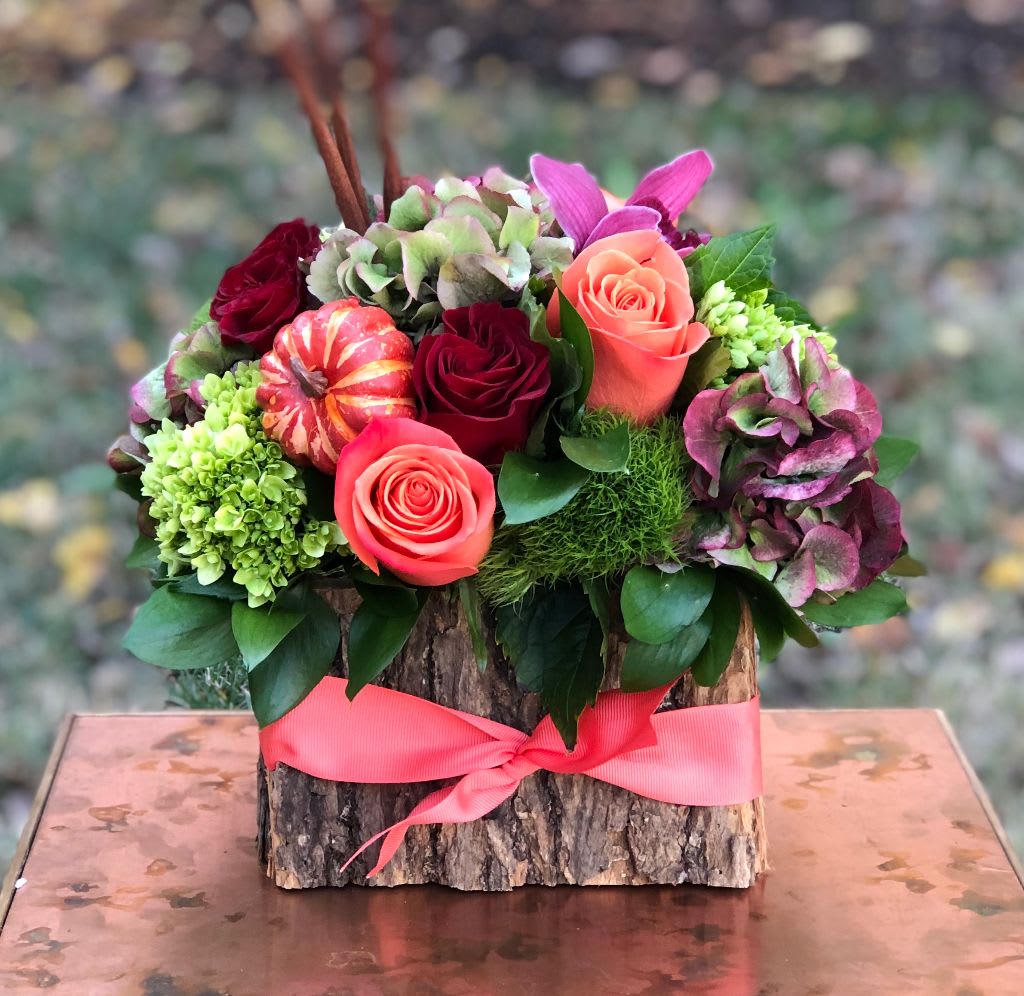 Autumn Woods - Autumn Woods | Wilmington, Delaware Florist  Bring the beauty of the fall season indoors with Autumn Woods, a rustic and elegant floral arrangement handcrafted by Petals Flowers and Fine Gifts in Wilmington, Delaware. This design features vibrant red and orange roses, lush green hydrangea, textured green trichelium, and rich burgundy hydrangea. Accented with natural cattails and charming faux pumpkins, the blooms are arranged in a rustic wooden bark container that perfectly captures the cozy spirit of autumn. Ideal as a Thanksgiving centerpiece, seasonal home décor, or a thoughtful gift, Autumn Woods blends warm colors with natural textures for a design that feels festive and timeless. Whether displayed at a family gathering, sent to brighten a loved one’s home, or styled in an office, this arrangement brings the rich beauty of fall to any space. As your trusted local florist in Wilmington, Delaware, Petals Flowers and Fine Gifts specializes in luxury floral arrangements crafted with fresh, premium blooms and seasonal accents. We proudly offer same-day, tax-free flower delivery throughout Wilmington, Hockessin, Newark, Chadds Ford, Glen Mills, Kennett Square, and nearby communities—ensuring every design arrives fresh and full of beauty. 