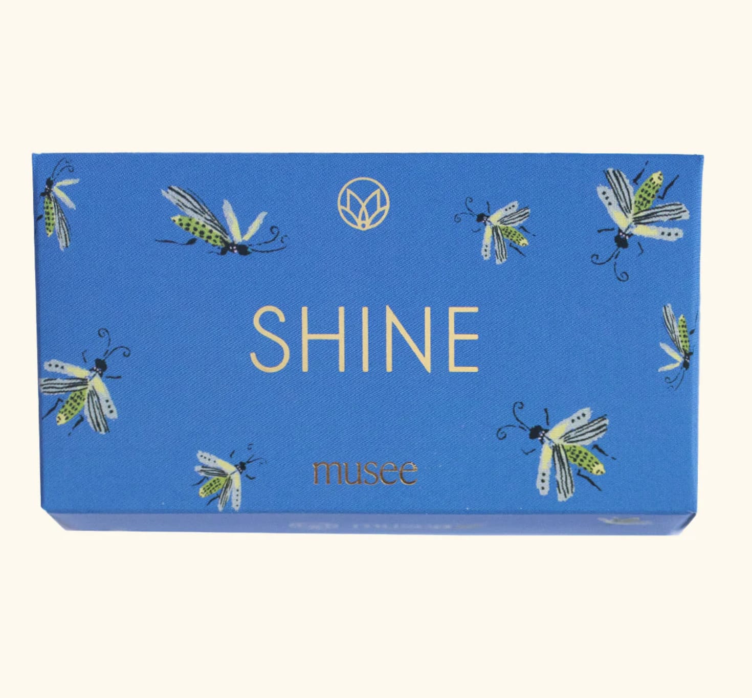 Blue gift box with butterfly illustrations and the word SHINE