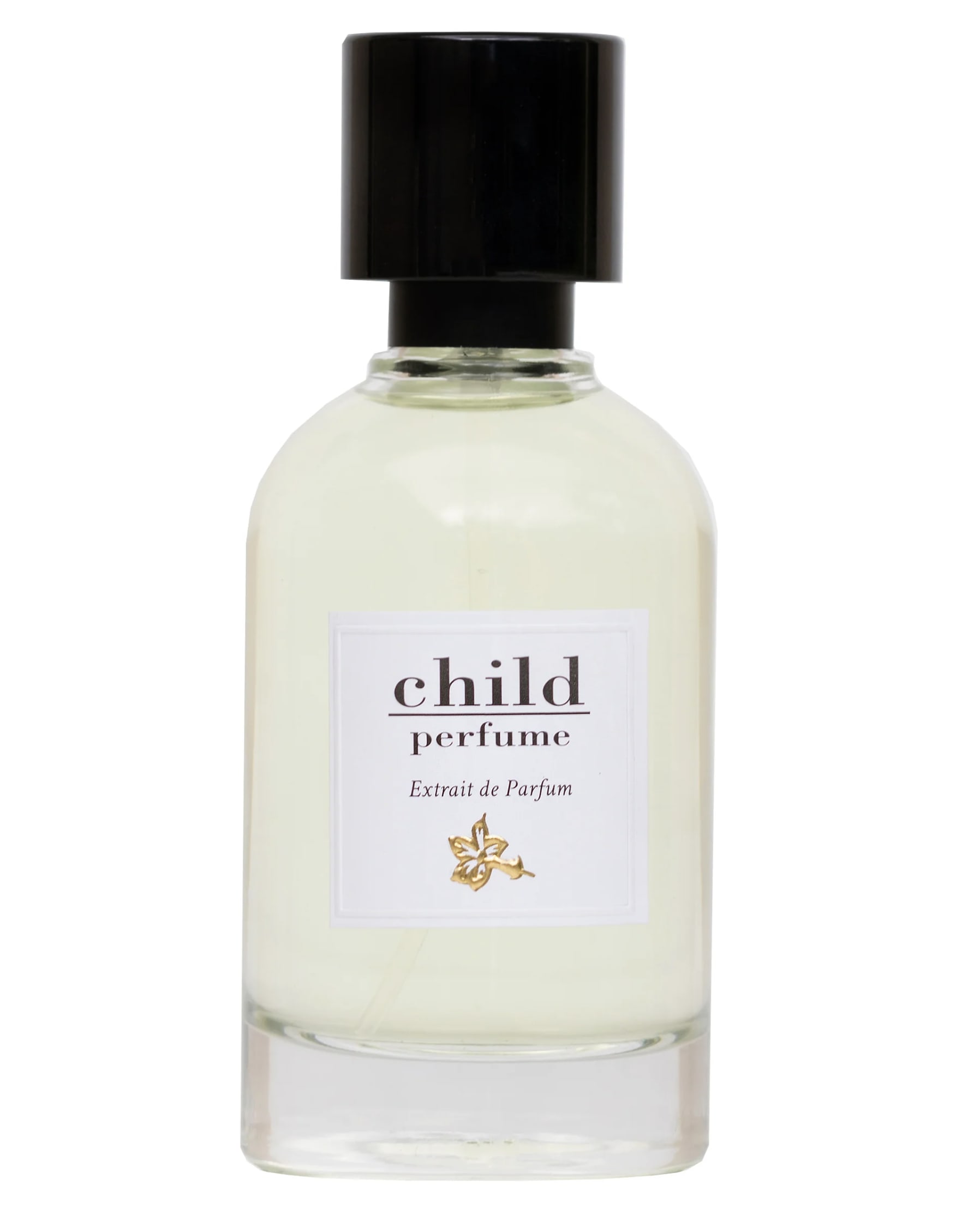 Bottle of Child Perfume extrait de parfum with a black cap