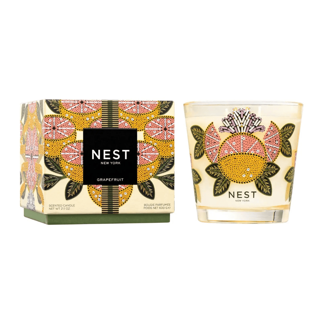 Nest New York grapefruit candle in a patterned glass jar with matching box