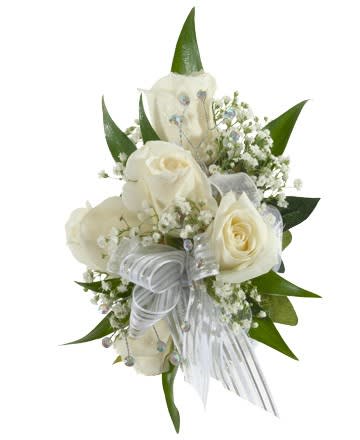 White rose bouquet with baby's breath and silver ribbon