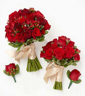 Two red rose bouquets with matching boutonnieres on a white background