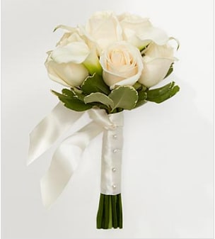 White rose bouquet with a satin ribbon wrap