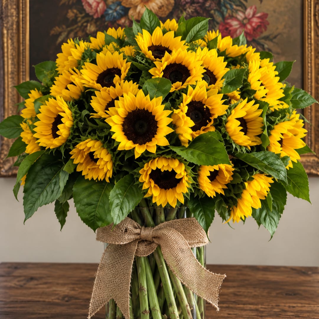 Bouquet of yellow sunflowers tied with a burlap ribbon