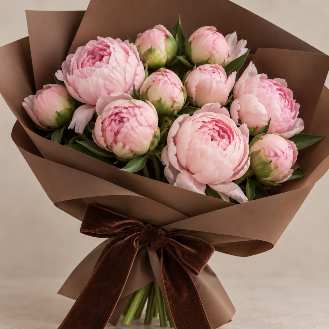 Pink peony bouquet wrapped in brown paper with a velvet ribbon