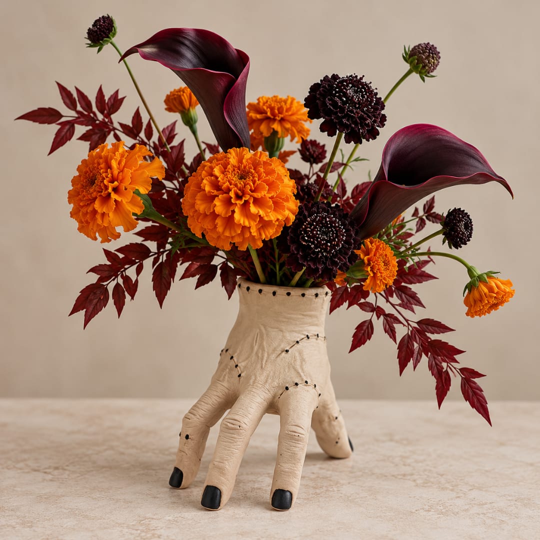 Orange marigolds and dark calla lilies in a sculptural hand-shaped vase
