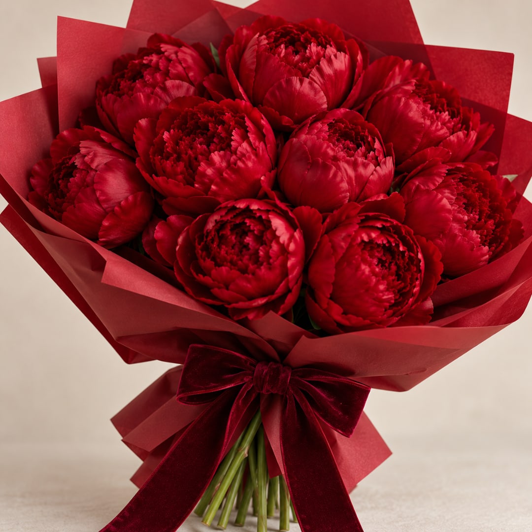 Bouquet of deep red peonies wrapped in red paper with a velvet bow
