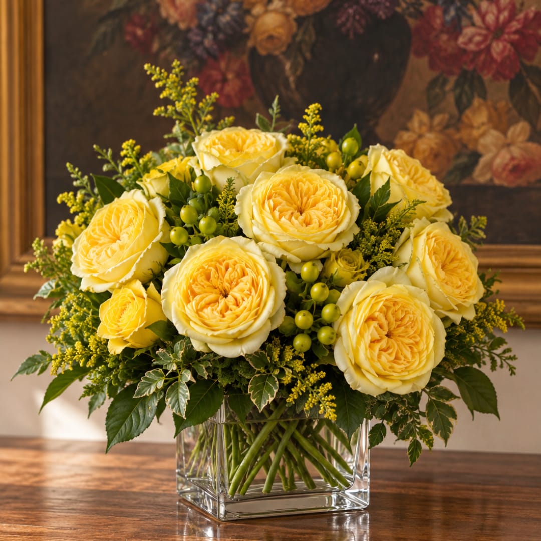 Yellow roses arranged in a clear square vase