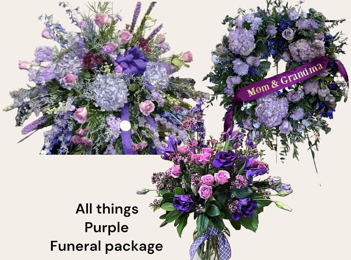 All Things Purple Funeral Package - In times of the loss of a loved one it can be difficult to make decisions. We are here to help you make those decisions as easy as possible with our complete funeral package .This package includes a beautiful casket spray, a wreath and a table arrangement in a clear glass vase. You may change up the color of flowers to be used but not the type of flowers.   Available: Standard includes a single saddle casket spray that is displayed at the foot of the casket, 18” wreath displayed on a 60” easel and a floral arrangement designed in a 8” glass vase.  Premium includes a double casket spray which is displayed in the center of the casket, a 24” wreath displayed on a wooden easel and a floral arrangement designed in a 10” glass vase.  You will receive 6 boutonnières free of charge.   Pease note banner is not included with purchase.  