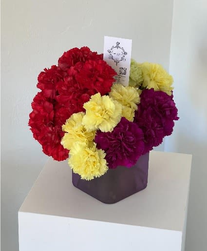 Bouquet of red, yellow, and purple carnations in a dark box