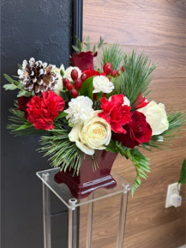 Christmas Vibes - Mix of red and white flowers with pinecones and Christmas greens
